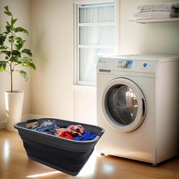 SAMMART 41L (10.8 gallon) Collapsible Plastic Laundry Basket - Foldable Pop Up Storage Container/Organizer - Portable Washing Tub - Space Saving Hamper/Basket, (Rectangular, Grey/Black) - Image 2