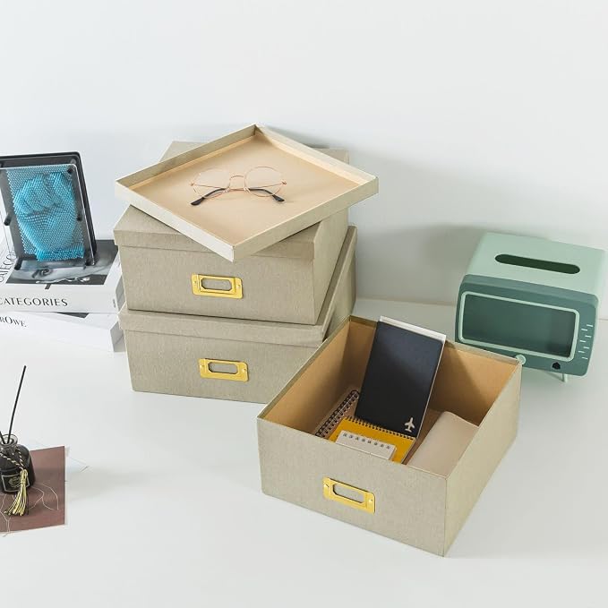 Soul & Lane - Light Gray Decorative Storage Boxes with Lids, Set of 3 | Square Stacking Kraft Photo Storage with Gold Label Holders, Nesting Cardboard Memory Boxes for Home Decor and Organizing - Image 8