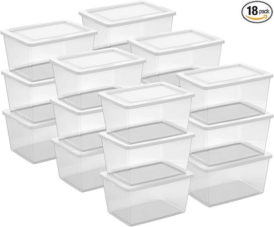 Sterilite Clear Storage Box Stackable Tote, 58 Quart, 18-Pack | Clear Plastic Container with Secure Snapping Lids for Home and Office Organization, White by Sterilite