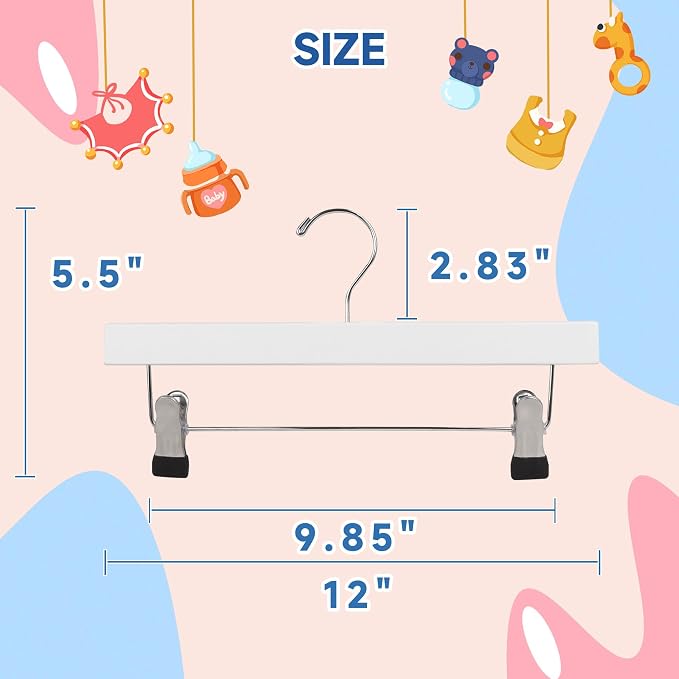 Kids Wooden Pants Hangers for Toddler & Baby Clothes, White, 24-Pack | Solid Wood Skirts Hangers with Adjustable Anti-Wrinkle Clips for Children's Trousers, Slacks, Jeans, 12" - Image 2