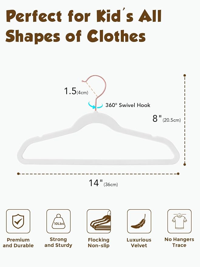 Kids Velvet Hangers 50 Pack, 14 Inch Premium Non Slip Kids Felt Hangers for Closet, Space Saving Toddler Clothes Hanger for Youth's Childrens' Clothes (Rose Gold Hook)- White | Premium Kids Hangers for Closet Storage, Space Saving Toddler Clothes Hange... - Image 4