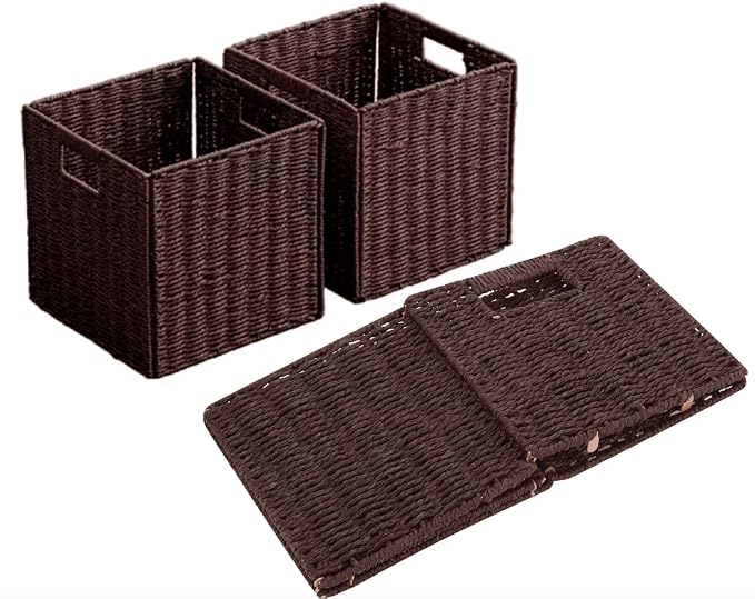 5Pcs Woven Shelf Baskets, 10.5'' Paper Rope Handmade Open Storage Bins, Dark Brown Pantry Baskets Organization Basket Foldable Storage Bins for Bedroom, Cubby Cubes Wicker Basket with Handles - Image 7