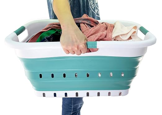 SAMMART 41L (10.8 Gallons) Collapsible 3 Handled Plastic Laundry Basket - Foldable Pop Up Storage Container/Organizer - Space Saving Hamper/Basket (2, White/Celadon Green) - Image 6