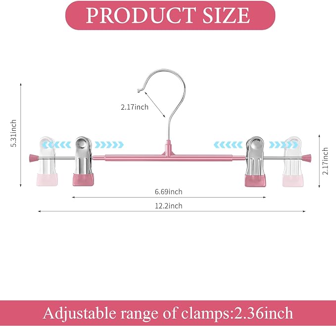 Pants Hangers with Clips Skirt Hangers, 12 Inch 10 Pack, Pink | Non-Slip,Adjustable metal clips,Space-Saving,Heavy duty, for pants/skirt/dress/trousers/jeans/shorts/Clothes,Women,men - Image 6