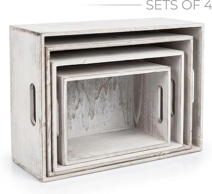 4 Pack Nesting Wooden Crates with Handles - Whitewashed Decorative Boxes | Farmhouse Rustic Wood Crate for Storage and Display, Shelf Organization, Home Decor, Pantry Organizer, Open Top Design - Image 2