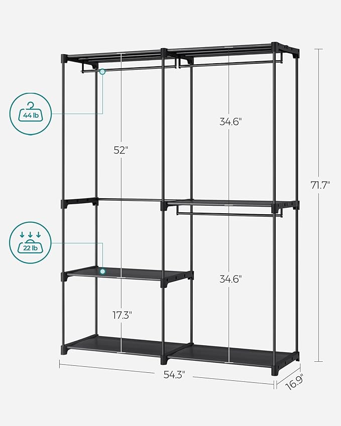 SONGMICS Portable Closet, Freestanding Closet Organizer, Clothes Rack with Shelves, Hanging Rods, Storage Organizer, for Cloakroom, Bedroom, 54.3 x 16.9 x 71.7 Inches, Black URYG025B02 - Image 5