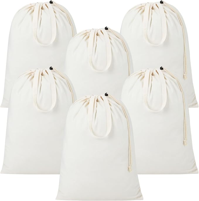 Zhehao 6 Packs Large Canvas Laundry Bags 20" x 28" Cotton Thick Cloth Laundry Bag with Handles & Drawstring Heavy Duty for Basket Hamper college Dorm Apartment Dwellers and Travel(White) by Zhehao