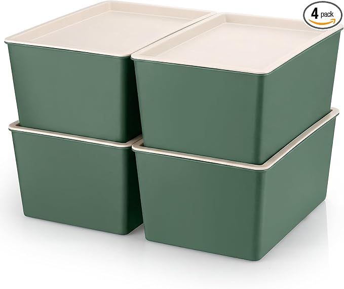 4 Pcs Storage Bins with Lids, Green, Large | Plastic Stackable Organizing Containers, Heavy Duty Storage Boxes for Classroom Room Shelves, Christmas Ornaments Baskets by Menkxi