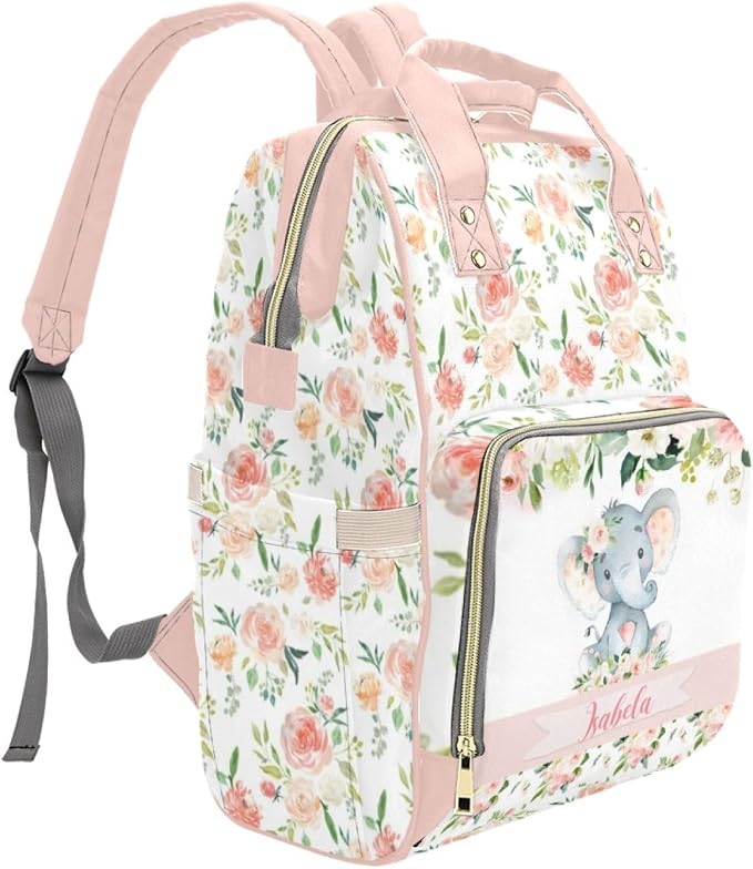 Custom Name Diaper Bag Customized Floral Elephant Mommy Nappy Bags with Multi Pocket & Large Capacity Personalized Nappy Changing Bag Nursing Mommy Daypack with Multi Pockets for New Mom - Image 3