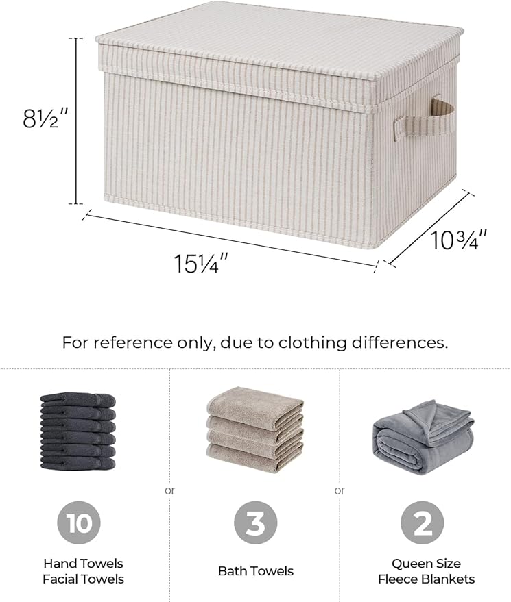 StorageWorks Fabric Storage Bins with Lids, Closet Storage Bins | Lidded Dust-proof, Easy Pull Handles, Foldable, Stackable, Ideal for Clothes Blanket Towel, Large, Khaki Stripe, 3-Pack - Image 2
