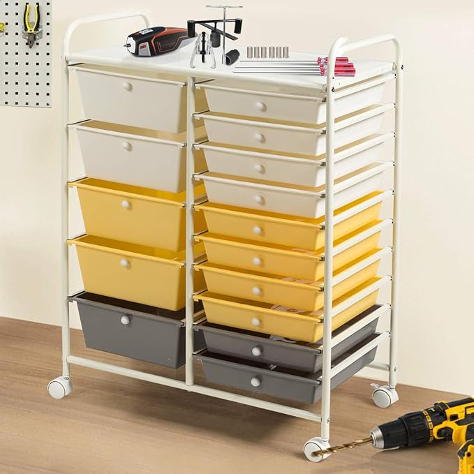 DREAMADE Rolling Cart with 15 Drawers, Lockable Wheels, Removable & 2-Sized Storage, Art Cart for School, Home, Crafts, Scrapbook (Yellow) - Image 8