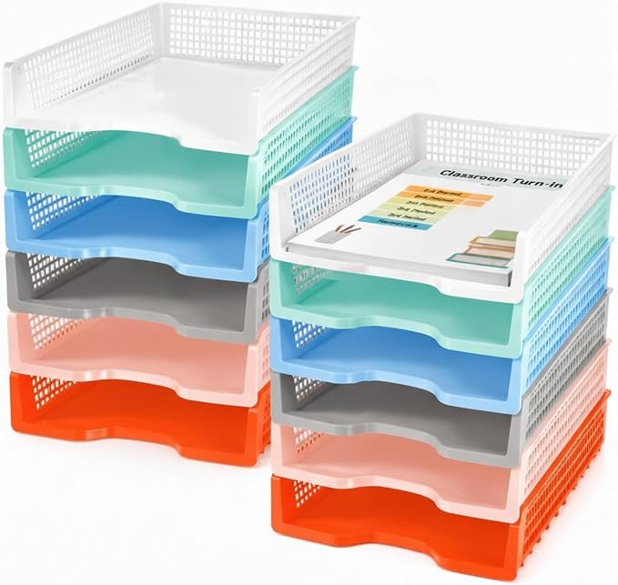 Teenyyou Set of 12 Colorful Turn in Trays Classroom Plastic Stackable Paper Tray Classroom Teachers Desk Organizer Bin for Office Home Teachers Organization and Storage, 9 x 13 x 3 Inches(Boho) by Teenyyou