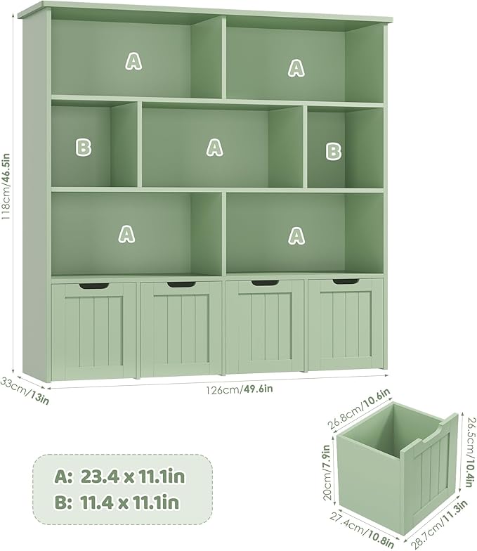 Toy Storage Organizer with Movable Drawer Toy Organizer for Kids | Kids Bookshelf and Toy Chest Storage with Hidden Wheels, Toy Organizers and Toy Storage for Playroom, Green - Image 3