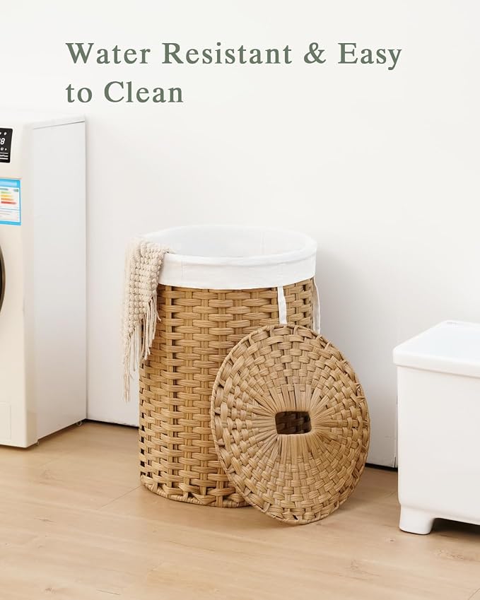 SETVSON Laundry Hamper with Lid 23.8 Gal (90 L) PE Rattan, Natural | 90L 23.8 Gal Round PE Rattan Hamper with Lid, Removable Washable Liner Bag, 2 Mesh Wash Bags, Steel Frame, Handles - Image 3