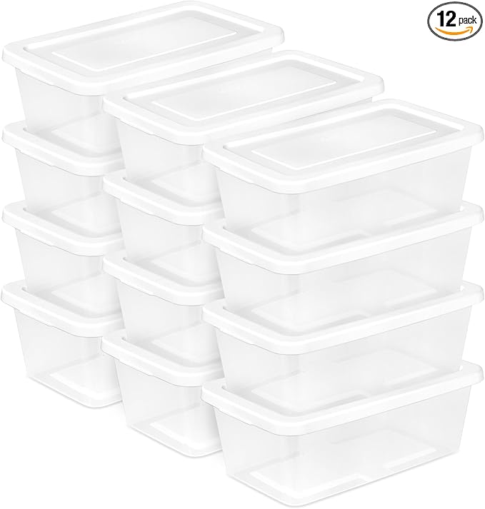 Sterilite 6 Quart Storage Box, Clear Plastic with White Snap Lid, 12 Pack by Sterilite