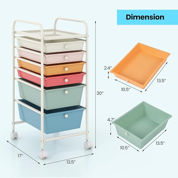 Giantex 6 Storage Drawer Cart Rolling Organizer Cart for Tools Scrapbook Paper Home Office School Multipurpose Mobile Utility Cart (Macaron) - Image 3