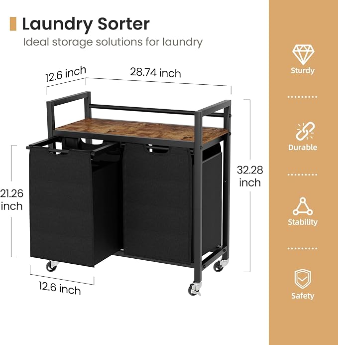 SwaaVee Laundry Sorter, Laundry Hamper with Wooden Top Shelf, 2×14.5Gal(110L), Metal Frame laundry basket with wheels, Pull out and Removable Laundry Bags, 2 Bags-Black - Image 2