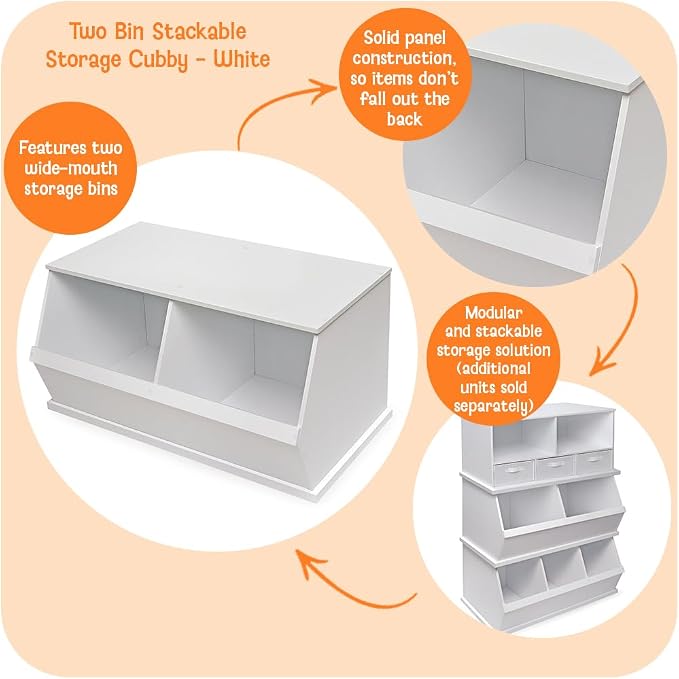 Badger Basket Two Bin Stackable Toy Storage Cubby Organizer - White | Stackable 2-bin storage cubby with solid panels for toys, books & crafts; modular design for expandable organization. - Image 2