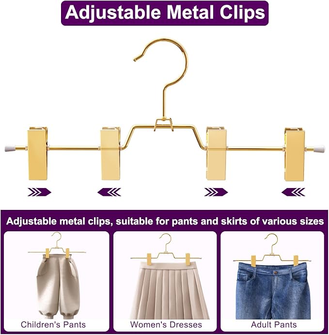 30Pack Heavy Duty Metal Pants Hangers,Pants Hangers with 2 Adjustable Clips | Gold Skirt Hangers with 360° Swivel Cost Hook, Space-Saving Shorts Hangers for Pants, Jeans, Slacks, Short Skirt - Image 5