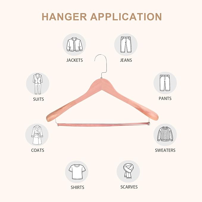 Wide Shoulder Wooden Hangers with Locking Bar, Cedar Wood, 2-Pack | Non-Slip Suit Hangers with Flat-Head Hook for Suits, Jackets, Coats, Shirts, Outerwear and Heavy Clothes - Image 7