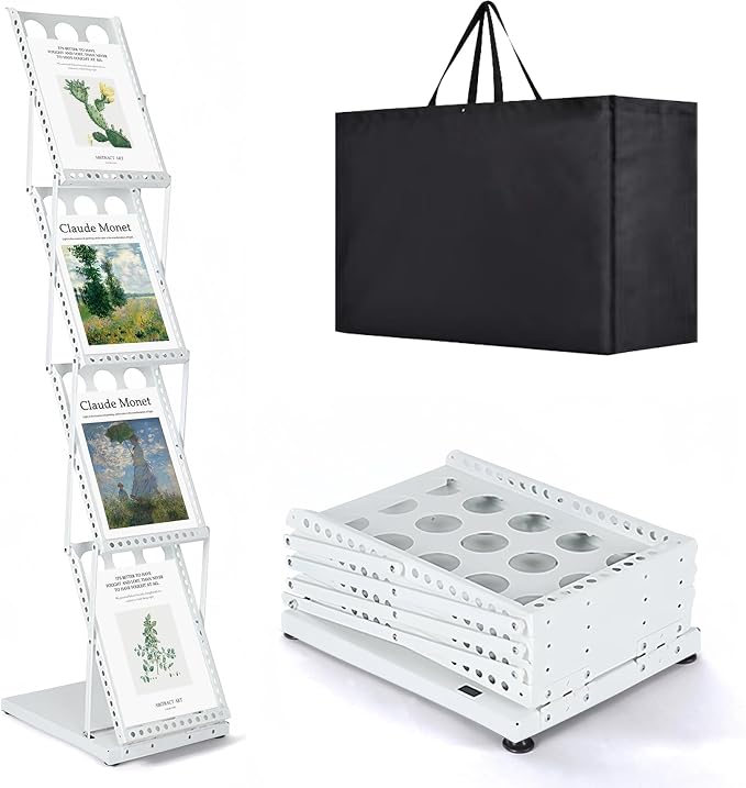 Literature Stand Rack, Standing Magazine Brochure Catalog Display Stand | Collapsible Flyer Holder, Metal Magazine Floor-Standing with Portable Oxford Bag for Office Store Exhibition Trade Show White by Estleys