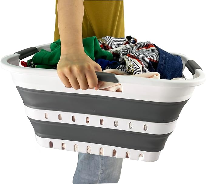 SAMMART Collapsible Plastic Rectangular Laundry Basket - Foldable Pop Up Storage Container/Organizer - Portable Laundry Hamper - Space Saving (White/Steel Grey, 30L) - Image 5