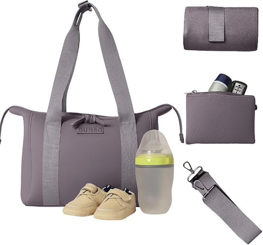 Small Diaper Bag Tote - Lightweight 12x7x8 in Neoprene Diaper Bag with Changing Pad and Pouch, Water-Resistant by Bunso