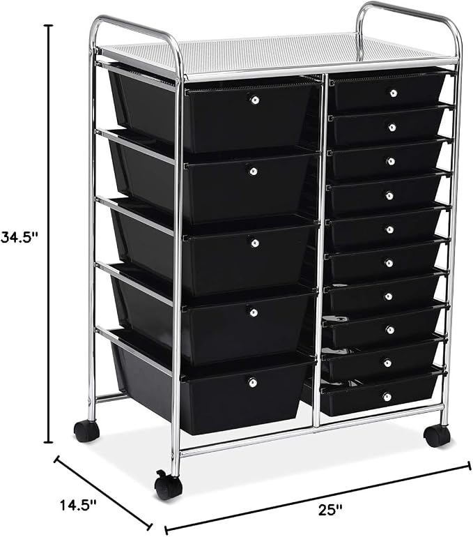 RELAX4LIFE 15 Drawer Rolling Storage Cart, Mobile Drawer Carts for Craft Art Supply Paper Salon, Utility Cart on Wheels for Classroom Teacher School Office, Rolling Cart with Drawers (Black) - Image 3