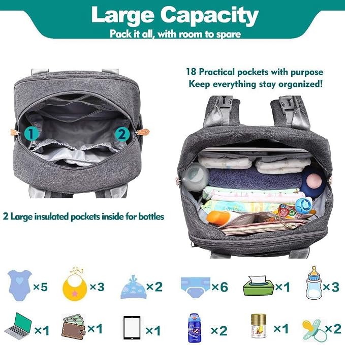 KAUKKO Baby Diaper Backpack Multifunction Travel Organizer with Stroller Straps Large Capacity and Durable (T1BLACK) (MDARK GRAY) - Image 5