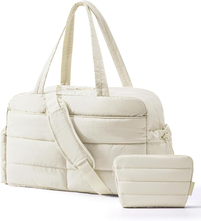 BAGSMART Gym Bag for Women, Lightweight Puffer Duffle Bag 2-PC Travel Bag, 31L Weekender Overnight Bag Quilted Carry On Tote Bag, Diaper Hospital Dance Bag for Travel, Gym, Water Resistant, Beige by BAGSMART