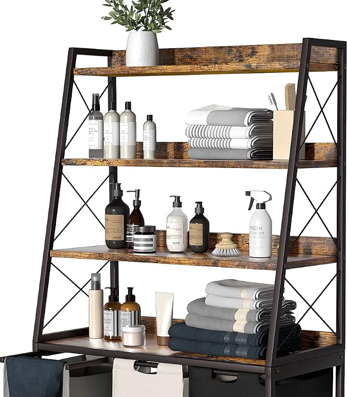 Herture Laundry Basket, 3 Section Laundry Hamper with 4 Tiers Shelf, Pull-Out and Removable Laundry Bags, Large 3 x 15.87 Gallons, for Laundry Room Bathroom Rustic Brown PF05XLN - Image 7