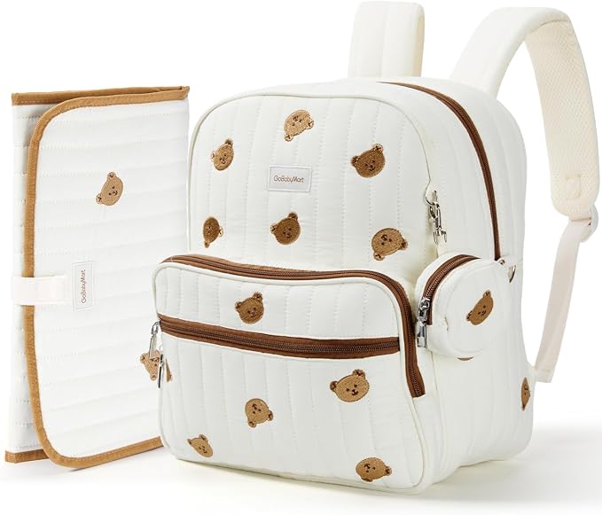 Large Diaper Bag Backpack with Changing Pad, Insulated Bottle Pockets, Travel & Hospital Bag for Mom & Dad (Small - Beige Bears) by GoBabyMart