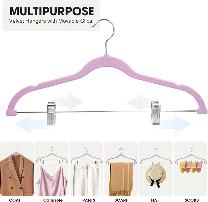 24-Pack Purple Velvet Hangers with Clips Adjustable,Adult Hangers,Heavy-Duty,Felt,Non-Slip,Space Saving,Slim Outfit Hanger for Pants, Skirts, Suits,Coats, Dresses ect. - Image 6