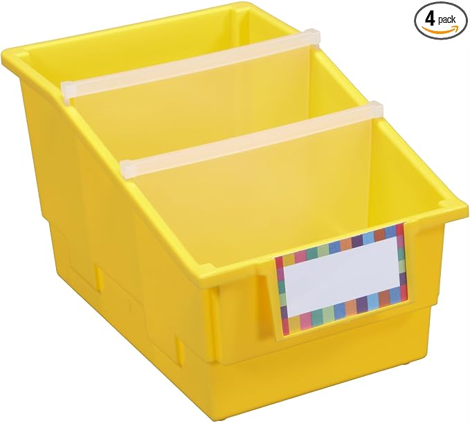 Really Good Stuff Yellow Chapter Book Classroom Library Bins with Dividers | 8.75" x 13.5" x 7.75", 4-Pack, Plastic Shelf Bin Organizers for Book Organization, Documents, Files, Magazines by ReallyGoodStuff