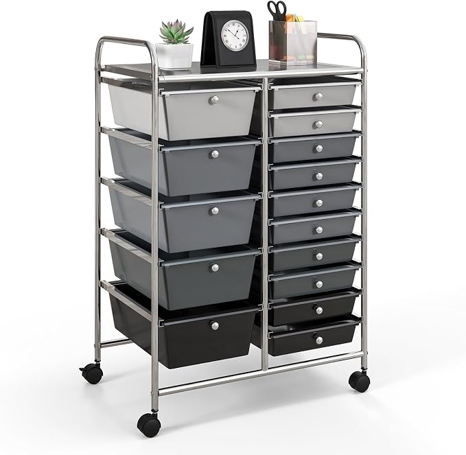 GOFLAME 15-Drawer Rolling Storage Cart, Craft Storage Cart with Removable Drawers & Lockable Wheels, Art Cart Supply Storage Organizer for Home Office Classroom, Gray Gradient by GOFLAME