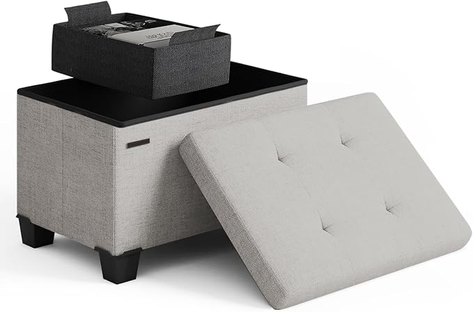 Storage Ottoman Cube with Small Bin, 16-in Square Ottoman with Storage for Living Room and Bedroom, Small Ottomans Foot Rest, Fabric Foot Stools Ottomans Max 330lbs, Light Grey by STORAGEBUD