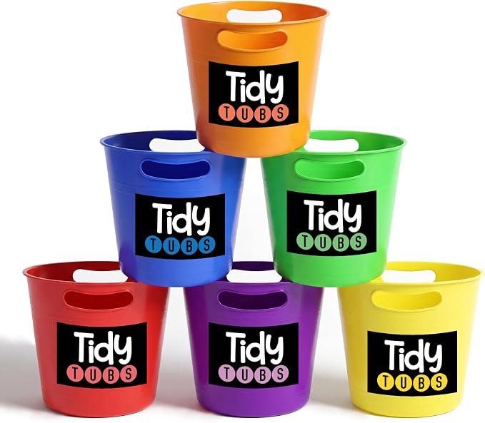 meekoo 6 Pcs Tidy Tubs Classroom Trash Bins with Self-Adhesive Labels, Colorful Plastic Bucket Sorting Bins for Crafts, Sorting, Centerpiece, Pencil Holder 9.45 x 7.68 x 8.46 Inch for School by meekoo