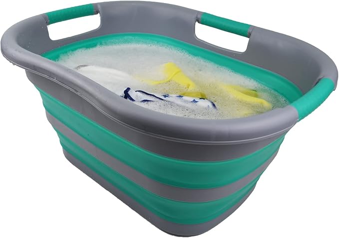 SAMMART 30L (7.9 gallon) Collapsible Plastic Laundry Basket - Foldable Pop Up Storage Container/Organizer - Portable Washing Tub - Space Saving Hamper/Basket (Dark Grey/Bluish-Green (Set of 2)) - Image 5