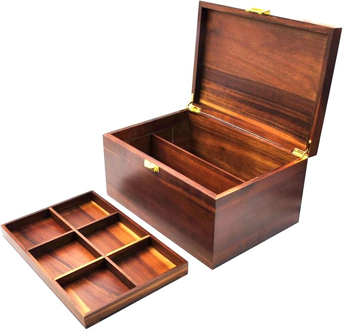 Large Wooden Storage Box with Hinged Lid, Acacia Wood Keepsake Chest | Vintage, 12" x 8.5" x 6.3", with Adjustable Tray, for Storing Souvenirs, Jewelry, Tools, Small Accessories, etc - Image 5