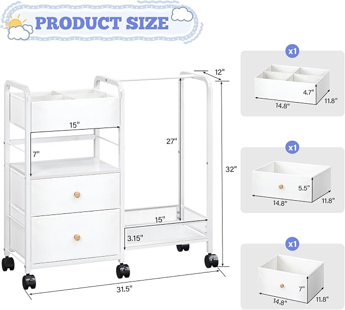 Baby Diaper Caddy Organizer with Hanging Rack, Rolling Diaper Utility Cart with Dividers and Drawers for Baby Essentials Storage, Bedside Cart with Wheels for Changing Station, Crib, Nursery, Bedroom - Image 2