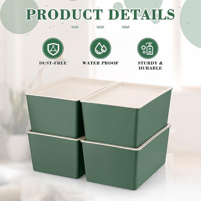 4 Pcs Storage Bins with Lids, Green, Small | Plastic Stackable Organizing Containers, Heavy Duty Storage Boxes for Classroom Room Shelves, Christmas Ornaments Baskets - Image 3