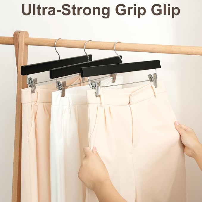BAGAIL 10 Pack Wooden Pants Hangers with Adjustable Clips, 360°Swivel Hook Space Saving Skirt Holders with Anti-Rust Clips for Trousers, Jeans, Shorts (Black) - Image 4