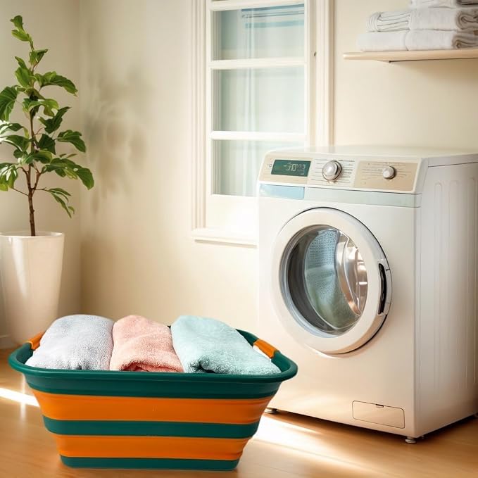 SAMMART Collapsible Plastic Laundry Basket with Handle/Foldable Pop Up Storage Hamper/Portable Laundry Organizer-Space Saving Washing Tub/Household Storage (Teal Green/Autumn leaf, 42L) - Image 5