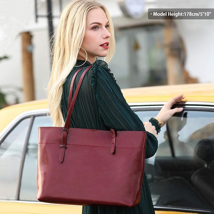 Kattee Vintage Genuine Leather Tote Shoulder Bag for Women | Genuine leather tote with adjustable straps, 7 pockets, and room for a 14-inch laptop, ideal for work and travel. - Image 3