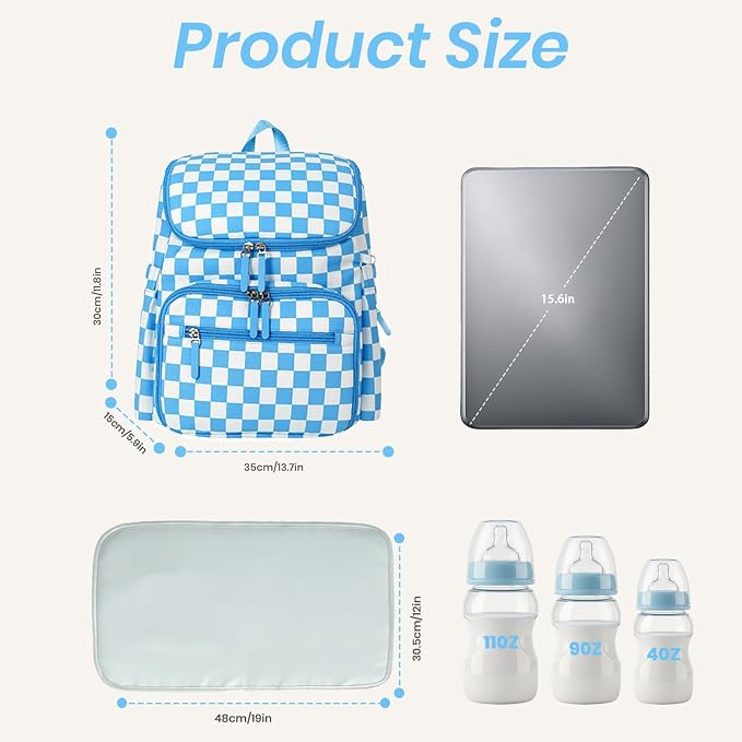 FHELAD Checkered Diaper Bag Backpack with Changing Pad & Stroller Clips | Baby Diaper Bag, Baby Shower Gifts, 4 Insulated Bottle Holders, Wet Wipe Pocket, Luggage Strap - Image 2