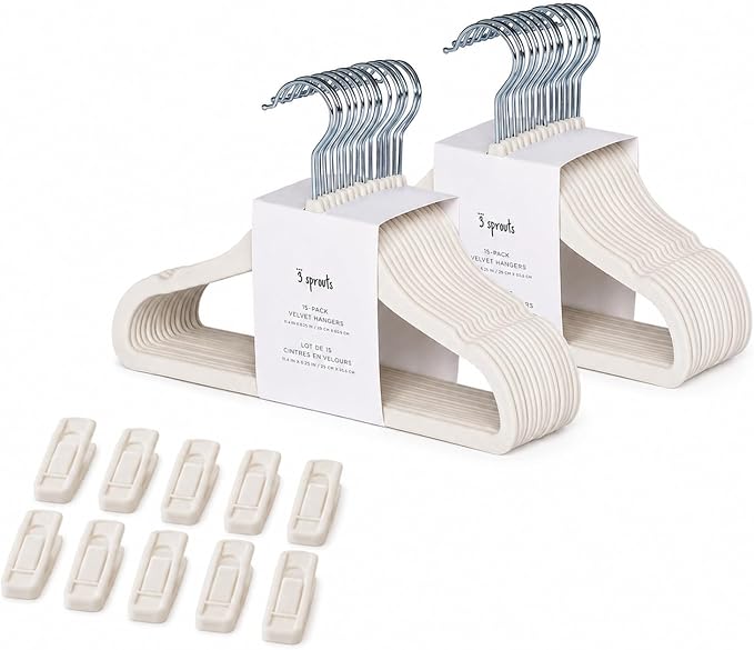 3 Sprouts Velvet Baby Hangers, Non Slip Slim, Cream, 30 Pack with 10 Clips | Non-slip velvet, Notched shoulders, 360-degree swivel hook, 11.75 x 8 in, Infant and toddler clothes, Soft colors for nursery by 3Sprouts