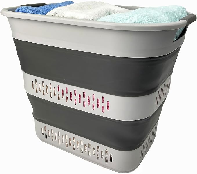 SAMMART 40L (10.5 Gallon) Collapsible Plastic Laundry Basket - Foldable Pop Up Storage Container/Organizer - Portable Laundry Hamper - Space Saving (2, Grey) - Image 2