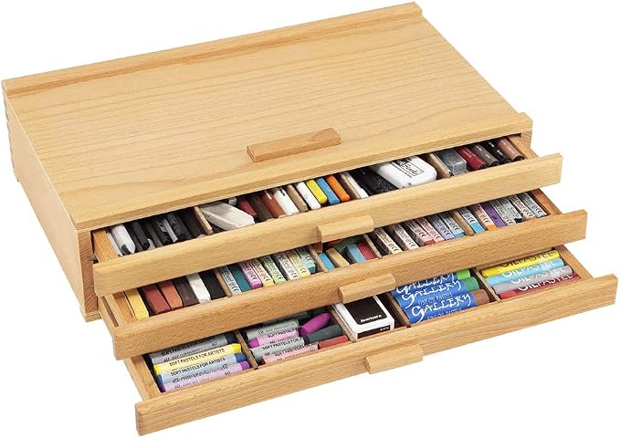Creative Mark Pastel Storage Box, 3 Drawer Wood Box with Foam Lining, Sturdy and Stackable Art and Craft Supplies Storage Box for Artist Tools, Pens, Pencils and More, Natural Finish by CreativeMark