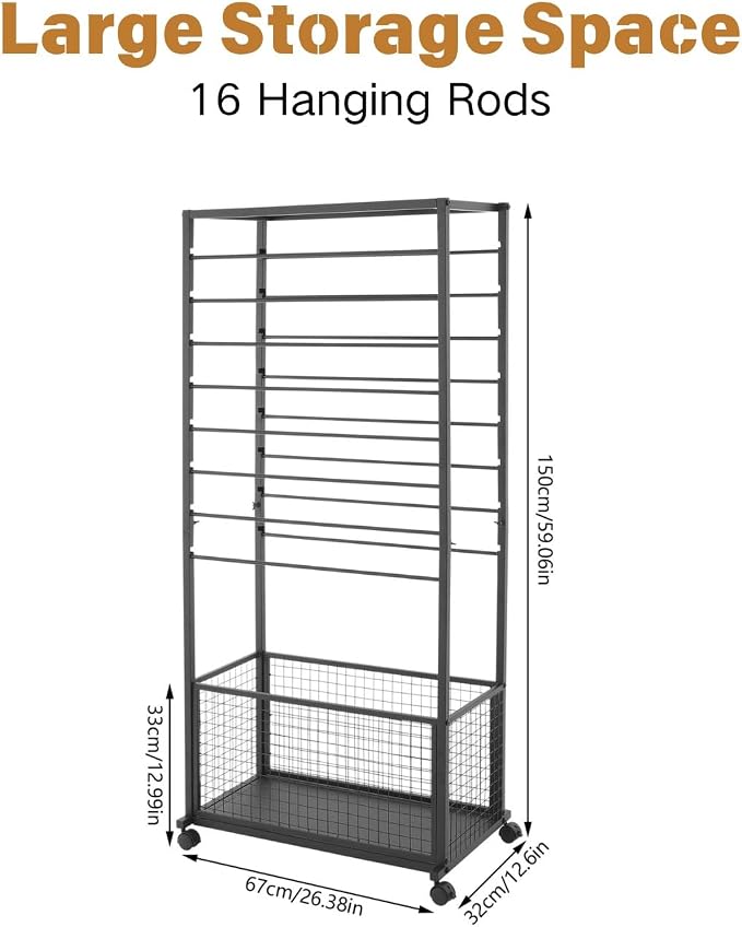 Ribbon Holder Organizer Rack,Double-Sided 16-TierRibbon Display Stand with Storage Basket and Wheels,Multifunctional Flower Wrapping Paper Storage Stand,for Flower Shops, Craft Rooms (Black) - Image 4