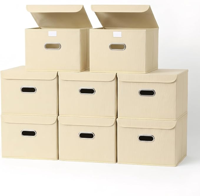 8-Pack Large Collapsible Storage Bins with Lids,Fabric Storage Cubes Organizer for Shelves,Closet,Nursery,Foldable Cube Storage Baskets with Handles,Home Boxes (14.9"x9.8",Creamy-White) by SEVENDOME